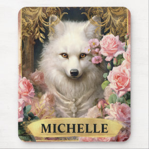 Waterverf  White Fox en Roze Roses Muismat