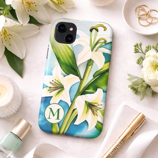 Waterverf White Lily met Monogram Case-Mate iPhone Case