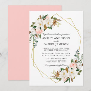 Waterverf White Magnolias Pink Roses Gold Wedding Kaart