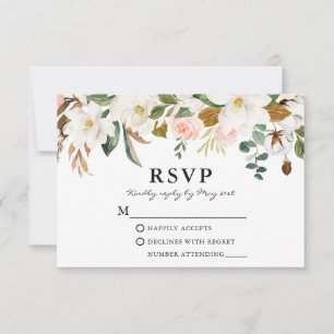Waterverf White Magnolias Pink Roses Wedding RSVP Kaartje