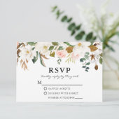 Waterverf White Magnolias Pink Roses Wedding RSVP Kaartje (Staand voorkant)