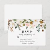 Waterverf White Magnolias Pink Roses Wedding RSVP Kaartje (Voorkant / Achterkant)