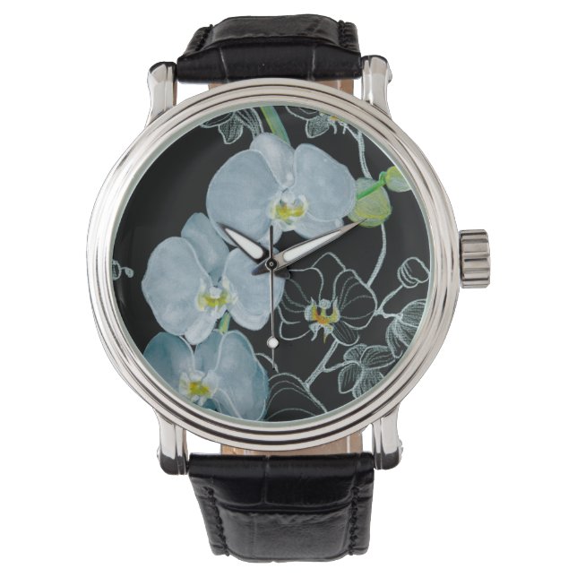 Waterverf White Orchids Pattern Horloge (Voorkant)