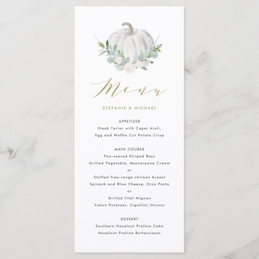 Waterverf White Pumpkin en Greenery Fall Wedding Menu (Voorkant)
