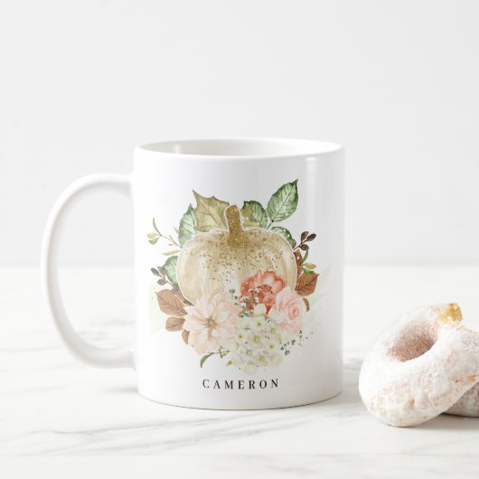 Waterverf White Pumpkin met Gold Glitter Autumn Koffiemok (Met donut)