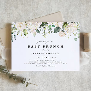 Waterverf White Rose en Hydrangea Baby Brunch Kaart