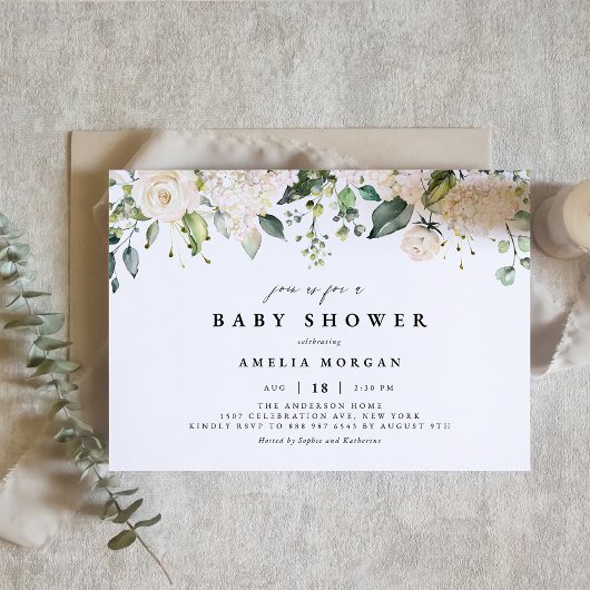 Waterverf White Rose en Hydrangea Baby shower Kaart