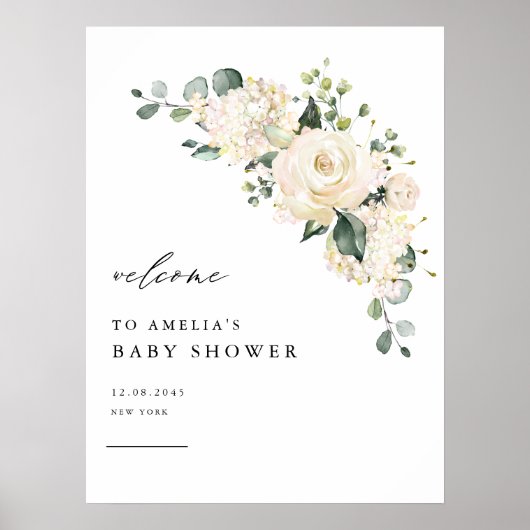 Waterverf White Rose en Hydrangea Baby shower Poster (Voorkant)