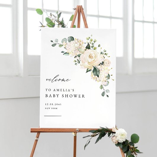 Waterverf White Rose en Hydrangea Baby shower Poster