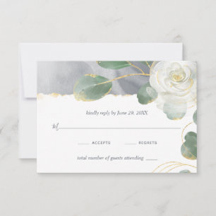 Waterverf White Rose Gold Greenery Floral Wedding RSVP Kaartje