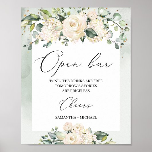 Waterverf white roses greenery foliage boho poster (Voorkant)