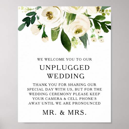 Waterverf White Roses Greenery Unplugged Wedding Poster (Voorkant)