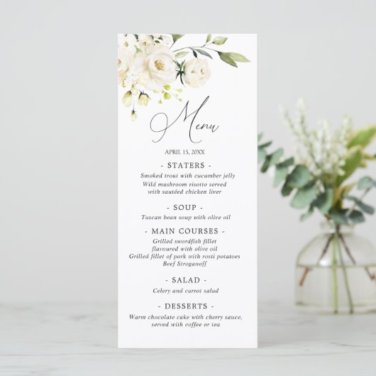 Waterverf White Roses Greenery Wedding Menu (Staand voorkant)