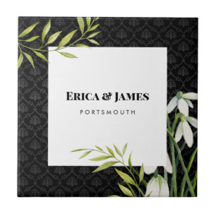 Waterverf White Snowdrups en Laurel Damask Tegeltje