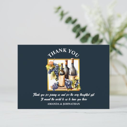 Waterverf wijnflessen druiven blauw goud groen bedankkaart (Staand voorkant)