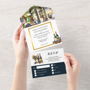 Waterverf wijngaard wijnflessen druiven chic all in one uitnodiging