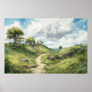Waterverf wikkelend weg door een weide poster