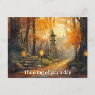 Waterverf wikkelpad door herfst bossen bij schemer briefkaart