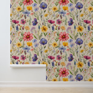 Waterverf Wild Flower Field op Cream Behang