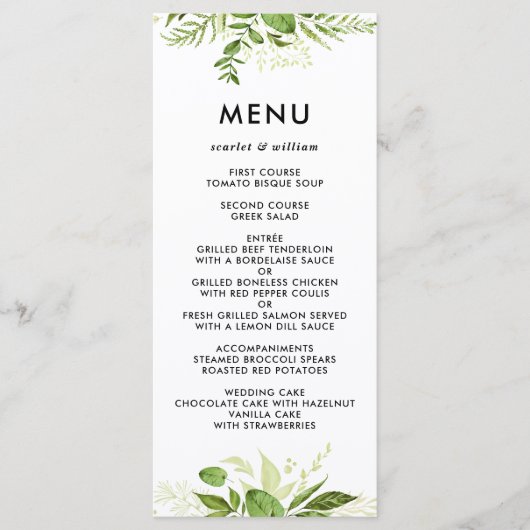 Waterverf Wild Green Foliage Wedding Menu Kaart II (Voorkant)