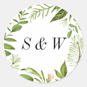 Waterverf Wild Green Foliage Wedding Monogram Ronde Sticker