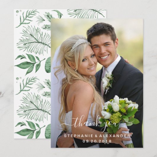 Waterverf Wild Leaves Hunter Green Wedding Bedankkaart (Voorkant / Achterkant)