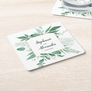 Waterverf Wild Leaves Hunter Green Wedding Vierkante Kartonnen Onderzetter
