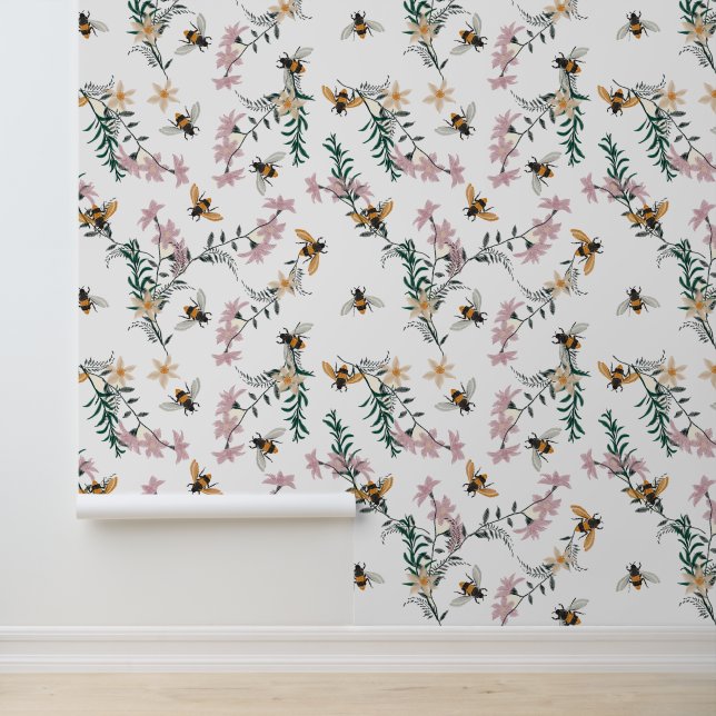 Waterverf Wildbloem Bloemen Bumble Bees Behang (Applicatie)