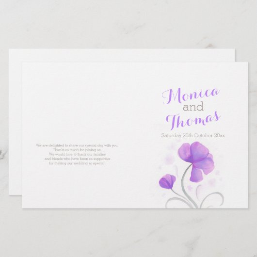 Waterverf wildbloem paars grijs trouwprogramma (Voorkant / Achterkant)