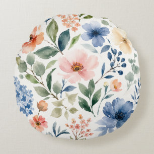 Waterverf Wildbloem Patroon Modern Botanisch Rond Kussen