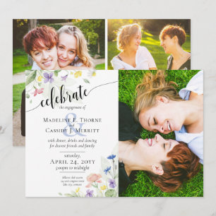 Waterverf Wildbloemen 4-Foto van Engagement Party Kaart