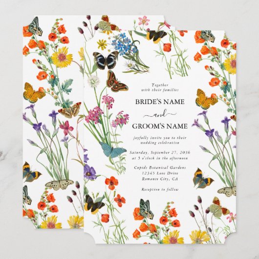 Waterverf Wildbloemen Butterflies Floral Wedding Kaart (Voorkant / Achterkant)