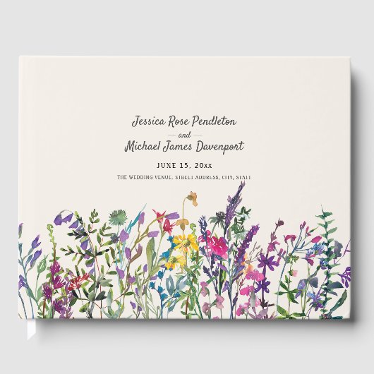 Waterverf Wildbloemen Cream Paars Wedding Gastenboek (Voorkant)