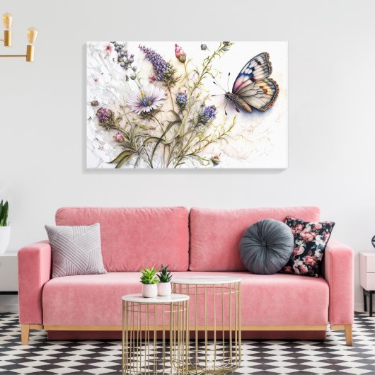 Waterverf Wildbloemen en Vlinder Canvas Print (Insitu (Woonkamer))