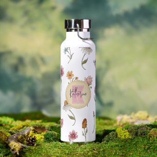 Waterverf Wildbloemen Floral Pattern Monogram Waterfles