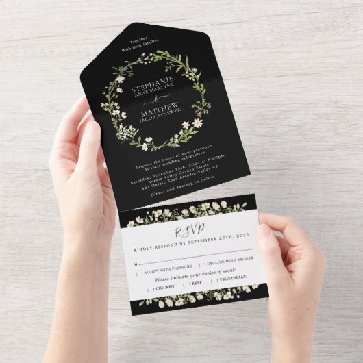 Waterverf Wildbloemen Floral Wedding Black All In One Uitnodiging (Afscheurbaar)
