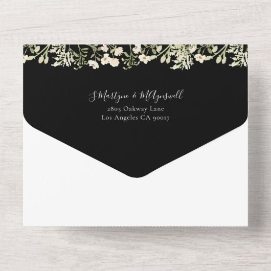 Waterverf Wildbloemen Floral Wedding Black All In One Uitnodiging (Achterkant)