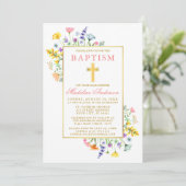 Waterverf Wildbloemen Goud Roze Doop Kaart (Staand voorkant)