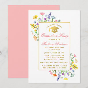 Waterverf Wildbloemen Goud Roze Graduation Party Kaart