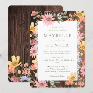 Waterverf Wildbloemen  kant en houten bruiloft Kaart