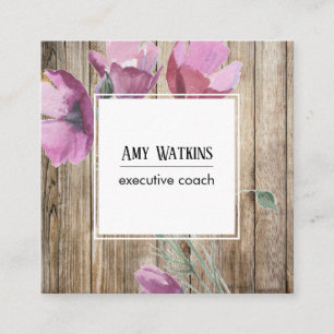 Waterverf Wildbloemen op Rustic Wood Social Icons Vierkante Visitekaartje