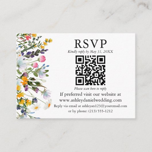 Waterverf Wildbloemen QR RSVP Weddenschap Groen Informatiekaartje (Voorkant)