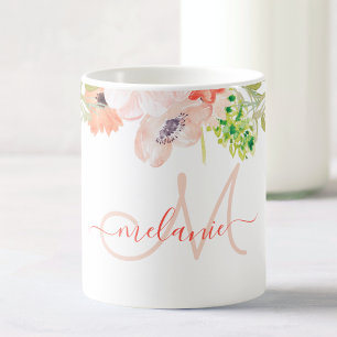 Waterverf Wildbloemen Roze aangepaste monogrammen Koffiemok