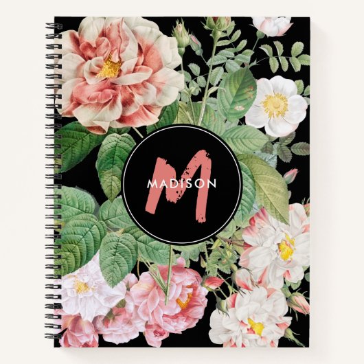 Waterverf Wildbloemen Rozen Zwart Roze Monogram Notitieboek (Voorkant)