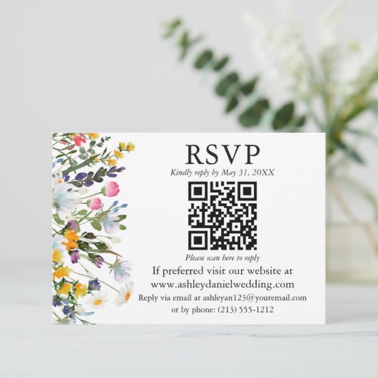 Waterverf Wildbloemen Weddenschap Groene QR RSVP Kaart (Staand voorkant)