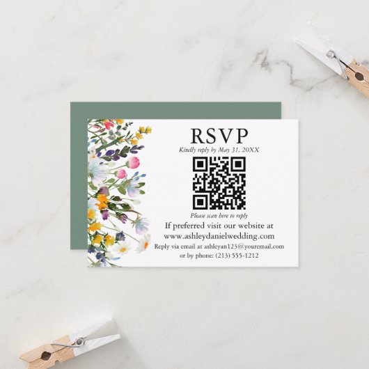 Waterverf Wildbloemen Weddenschap Groene QR RSVP Kaart (Voorkant / Achterkant in situ)