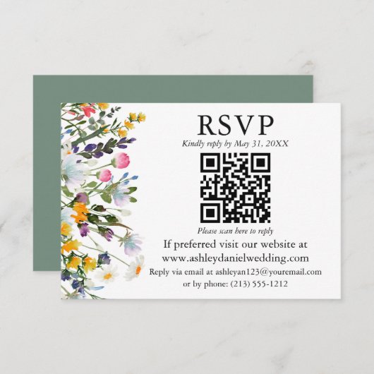 Waterverf Wildbloemen Weddenschap Groene QR RSVP Kaart (Voorkant / Achterkant)