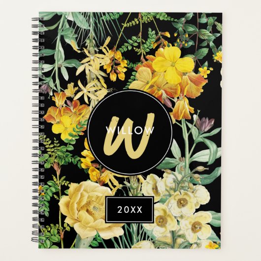 Waterverf Wildbloemen Zwart Geel Monogram Planner (Voorkant)