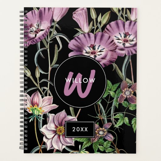 Waterverf Wildbloemen Zwarte Paarse monogram Planner (Voorkant)