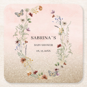 Waterverf Wilde bloem en vlindervlieger Pa baby sh Vierkante Kartonnen Onderzetter